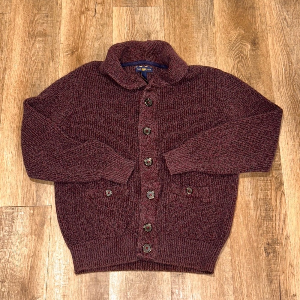 Club Room Mens Burgundy Shawl Collar Cotton Knit Button Front Cardigan Sweater M